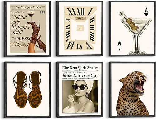Aroutde 6 piezas de lienzo retro de leopardo, arte de pared de lujo de moda Y2K, decoración estética de guepardo, póster de periódico funky para