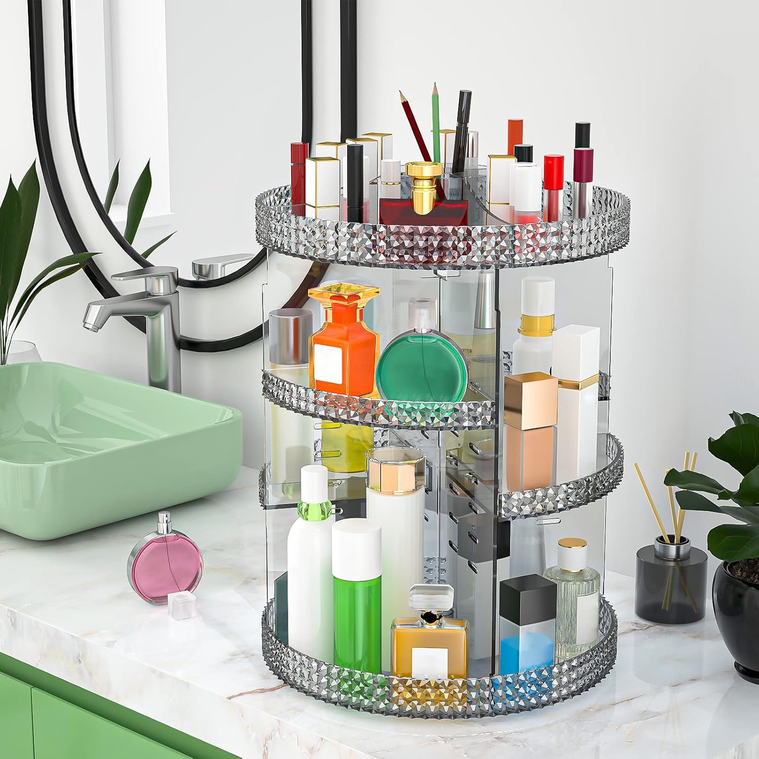 Organiseur de maquillage rotatif en acrylique, rond, 7 couches, grande capacité, convient aux pinceaux de maquillage, rouges à lèvres, salle de bain, coiffeuse, gris