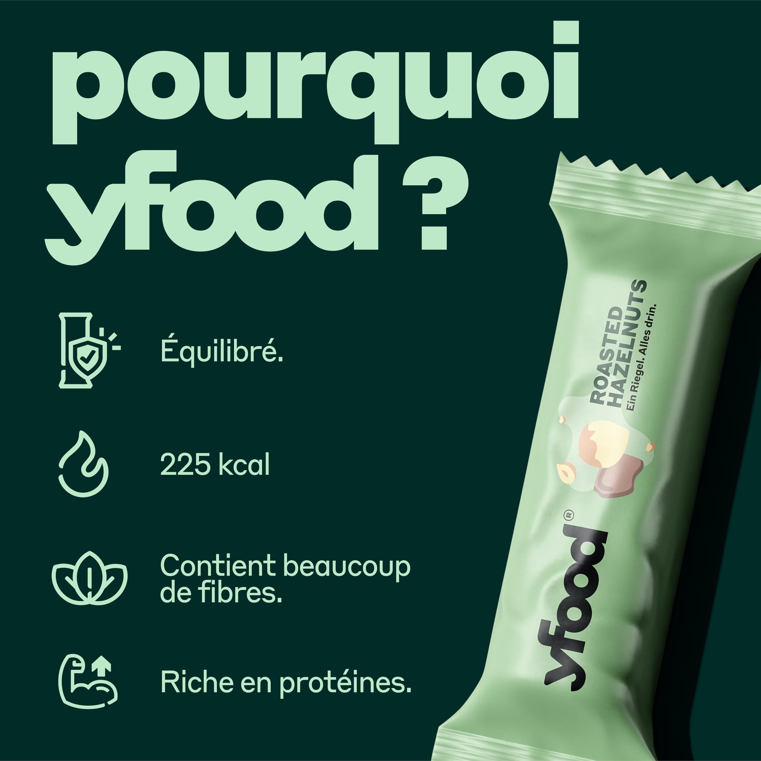 Barre yfood Roasted Hazelnuts, barre protéinée à emporter, 13 g de protéines, 25 vitamines et minéraux (12 x 60 g)