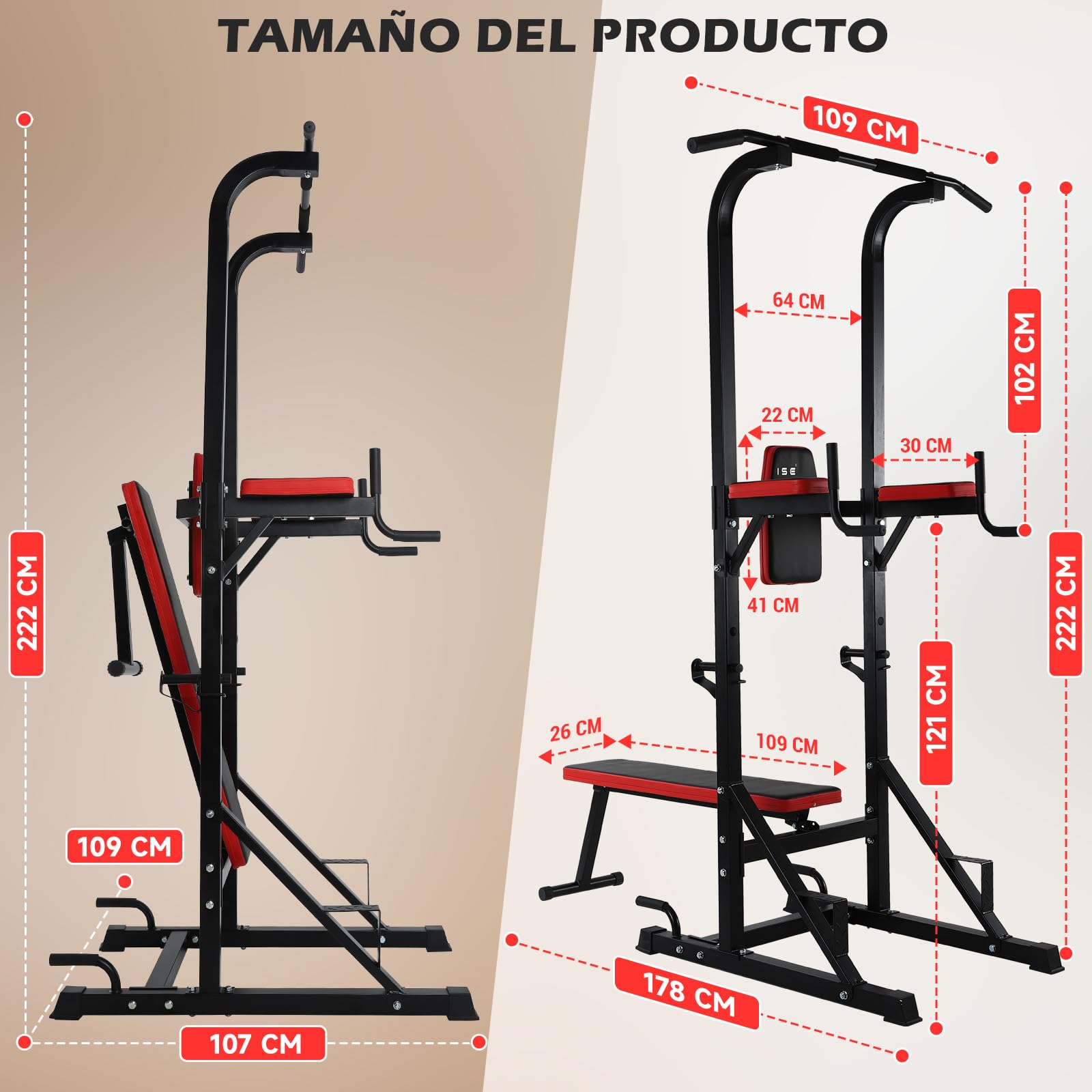 ISE Multiestación de musculación con Torre para levantamiento e inmersión en entrenamiento de fuerza + Banco de musculación plegable con 3 posiciones.Flexiones/dips/dominadas/press de banca