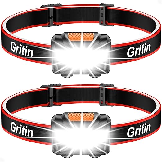Gritin Lampe Frontale, [Lot de 2] Torche Frontale LED Puissante, 3 Modes d'éclairage, Réglable et Léger, IPX5 Étanche pour Course/Camping/Cyclisme/Randonnée pour Enfants, 6 Piles AAA Inclus