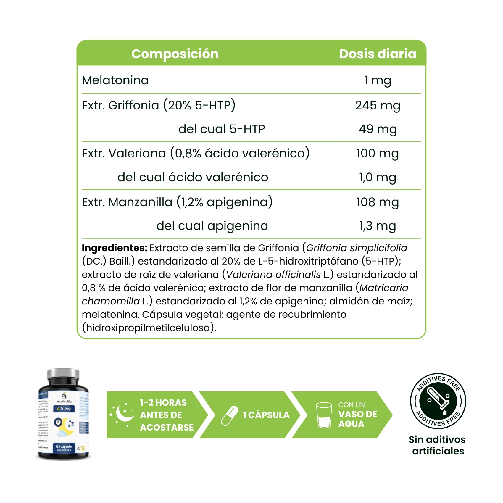 Complejo de Melatonina con 5-HTP Griffonia, Valeriana y Manzanilla – 120 Cápsulas Veganas | Suplemento Natural para Dormir Mejor, Reducir Insomnio, Estrés y Jet Lag – 4Sleep Nutribiolite