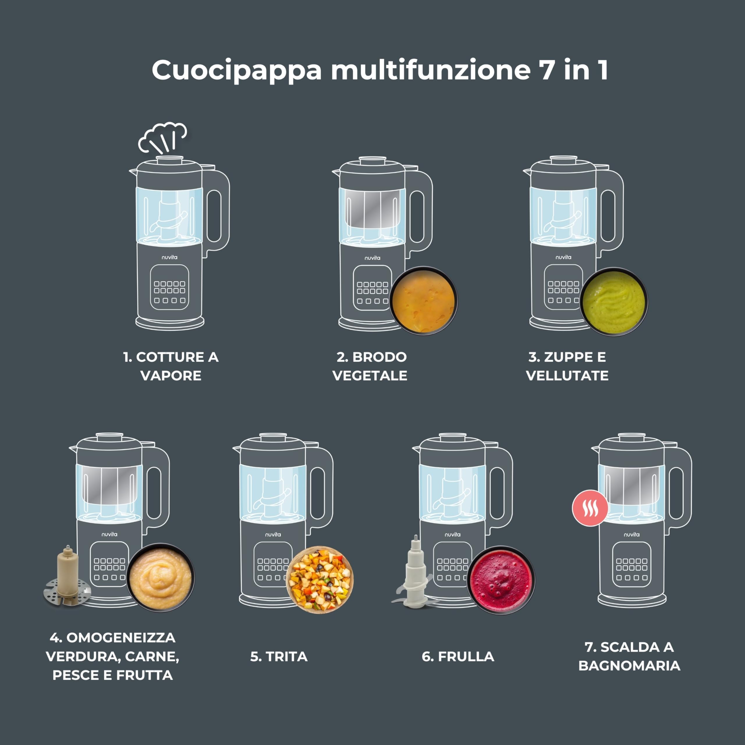 Nuvita Magic Pappa Cuocipappa Multifunzione 7-in-1 Cuoce a Vapore Frulla Sminuzza Prepara Purè per Bambini