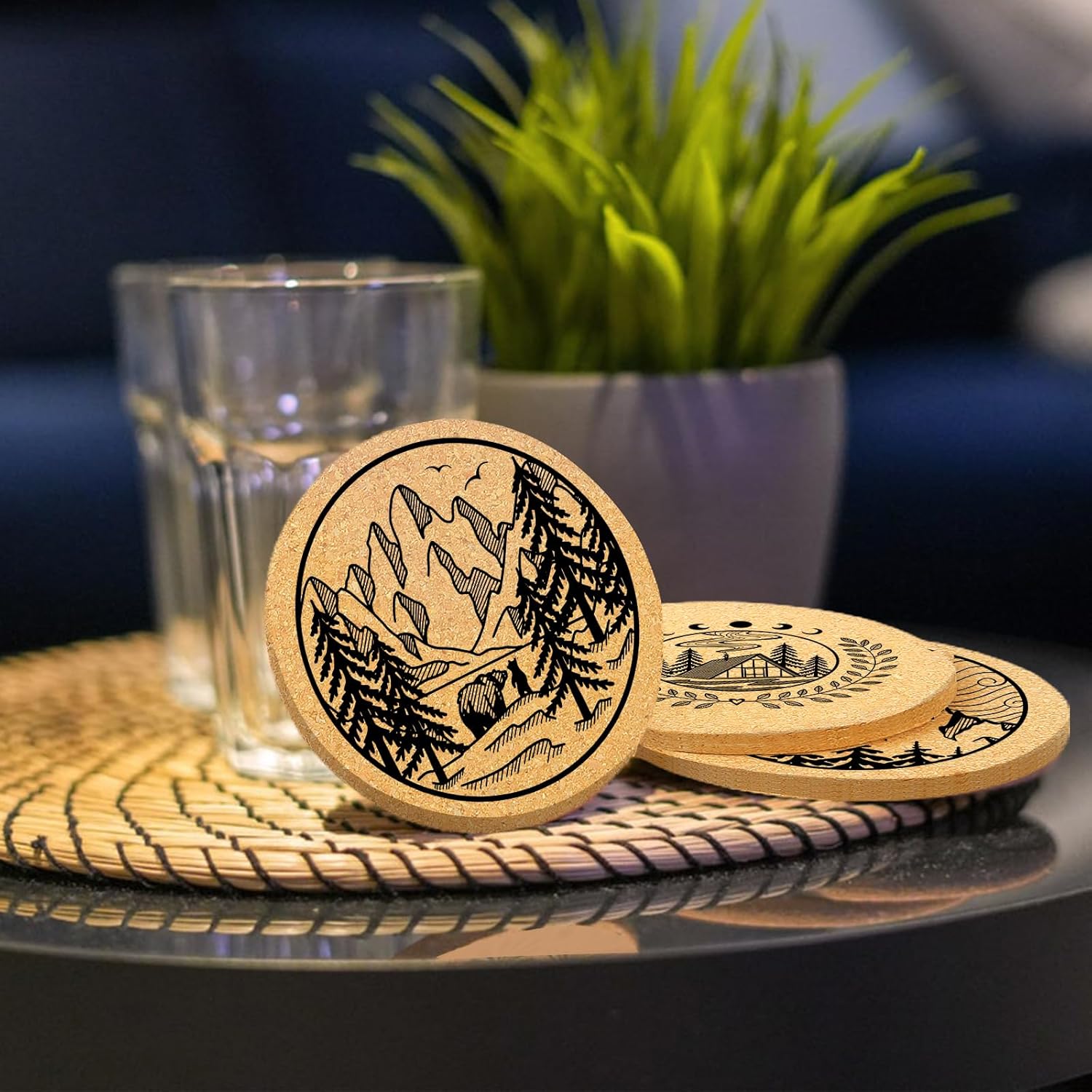 Coasters for Drinks with Holder Set of 6, Mountain Cork Coaster Absorbent Wood for Cup Desk Office Table Kitchen Decor House Warming Gifts for New Home Couples, Round 4" - Image 6