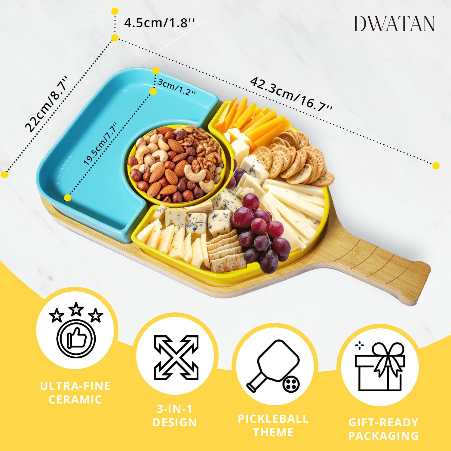 Pickleball Paddle Snack Tray Set, Ceramic Serving Plates with Bamboo Charcuterie Board, Paddle Appetizer Platter for Parties, Unique Pickleball Mothers Day Gifts for Mom