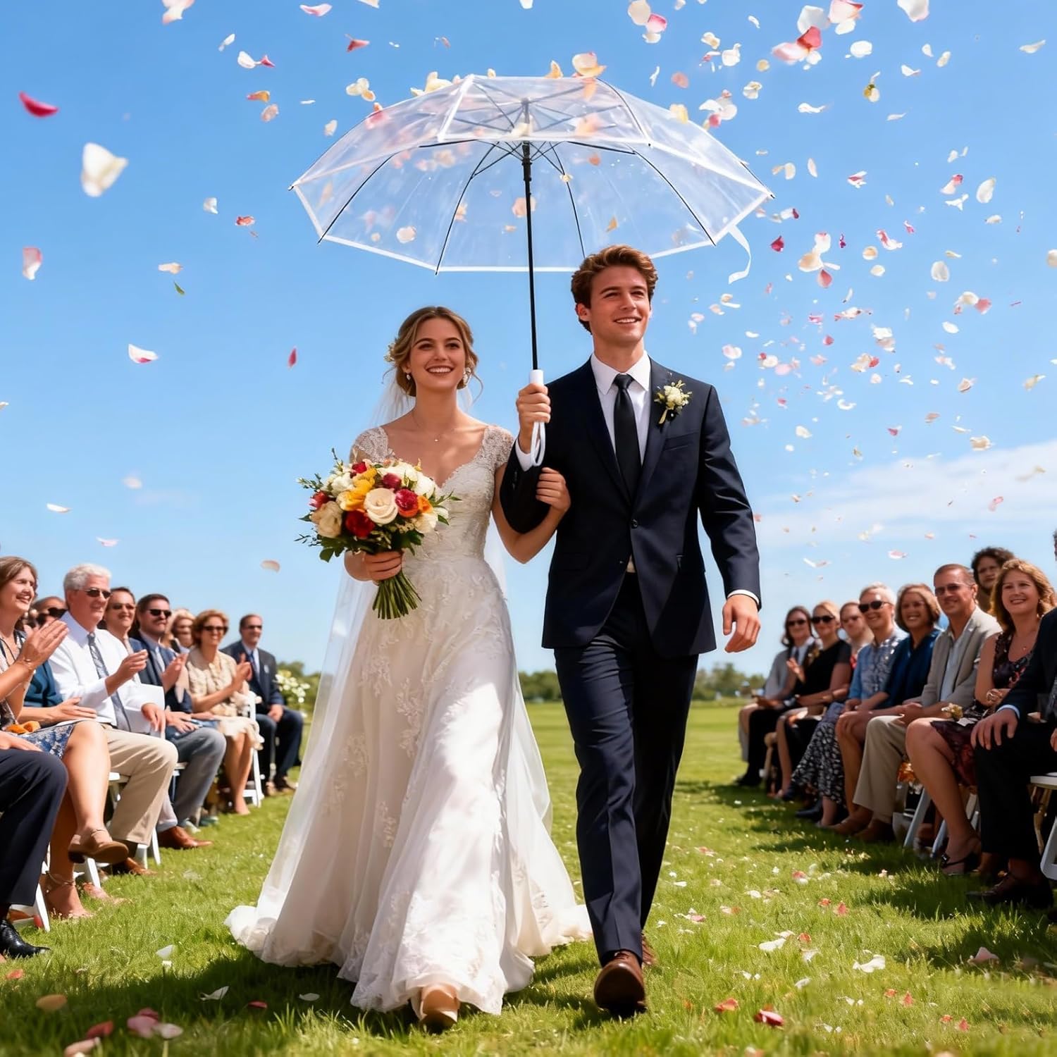 12 Pcs Full Automatic Clear Umbrella Wedding, Foldable Auto Open Close Clear Umbrella Bulk with Wedding Thank You Cards for Rain Wedding Anniversary Party Favors