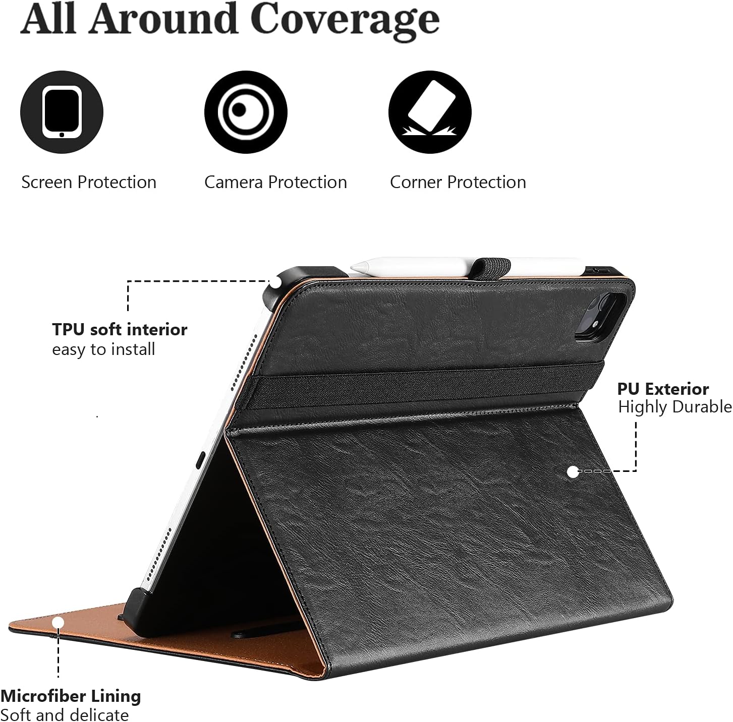 ProCase iPad Pro 12.9 inch Case 2022 2021 2020 2018, Leather Stand Folio Protective Cover Case with Pencil Holder for iPad Pro 12.9" 6th 5th 4th 3rd Generation –Black