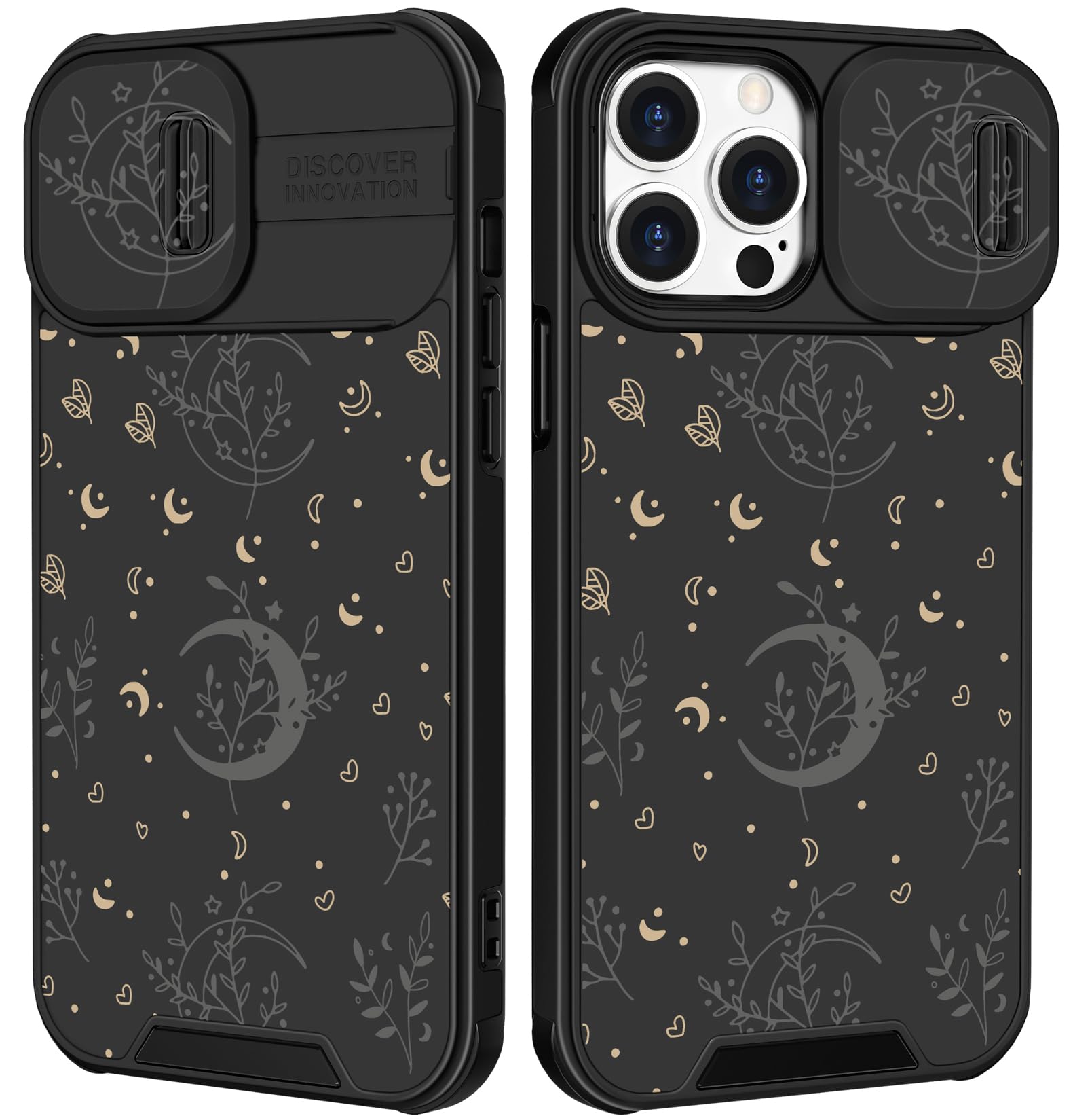 Goocrux Case for iPhone 12 Pro Black | 2in1, Moon Plants, for Women Girls, Cute Phone Cover, Flower Heart Stars Space Design, with Slide Camera Cover,