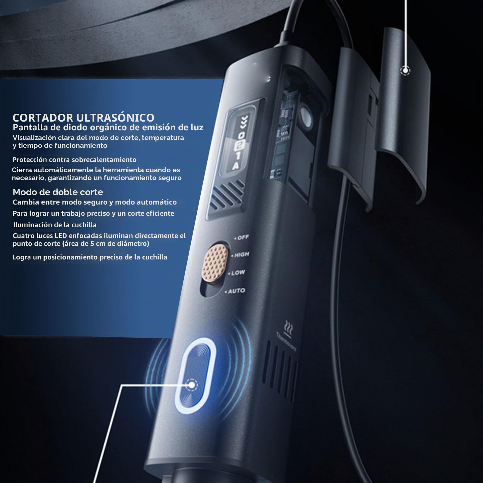 Cortador Ultrasónico, Cuchillo Ultrasónico de Mano de 40 KHz con 50 Cuchillas, Pantalla OLED y Luz LED para Modelos Impresos en 3D, Madera, Plástico y Más (Enchufe de la UE)