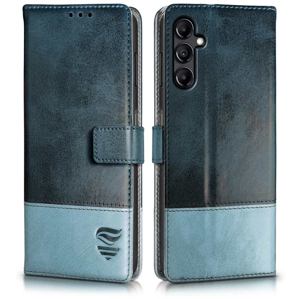 FLIPPED Vegan Leather Flip Cover for Samsung Galaxy A14 5G | A14 4G | Shock Proof TPU Bumper & Kickstand | Card & Cash Pockets | Magnetic Closure Wallet (Hand Stitched, Blue with Aquamarine) (B0C1ZVPR9T) Amazon Price History, Amazon Price Tracker