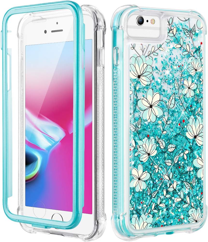 Caka iPhone 8 Case, iPhone 7 Glitter Full Body Case with Built in Screen Protector for Women Girls Girly Clear Floral Flower Bling Sparkle Liquid Protective Case for iPhone 7 8 6 6s (Light Blue)