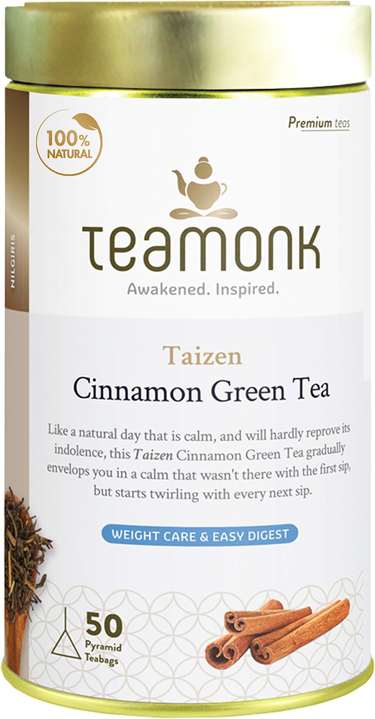 Taizen Cinnamon Green Tea Bags Box - Pack of 50 Tea Bags With Whole Loose Leaves