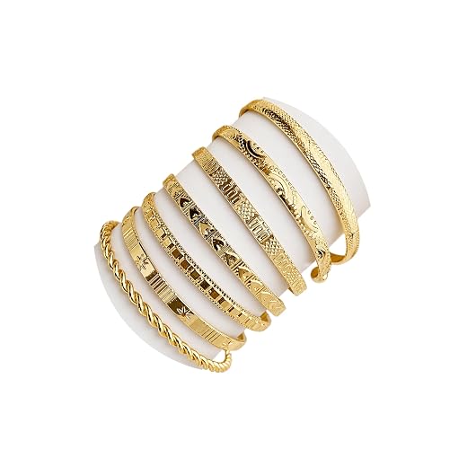 IFKM Gold Bangle Bracelets For Women, 14k Gold Plated Multi Layer Stackable Cuff Bracelet Set, Trendy Elegance Charms Non Tarnish Minimalist Textured Boho Jewelry Gift for Women