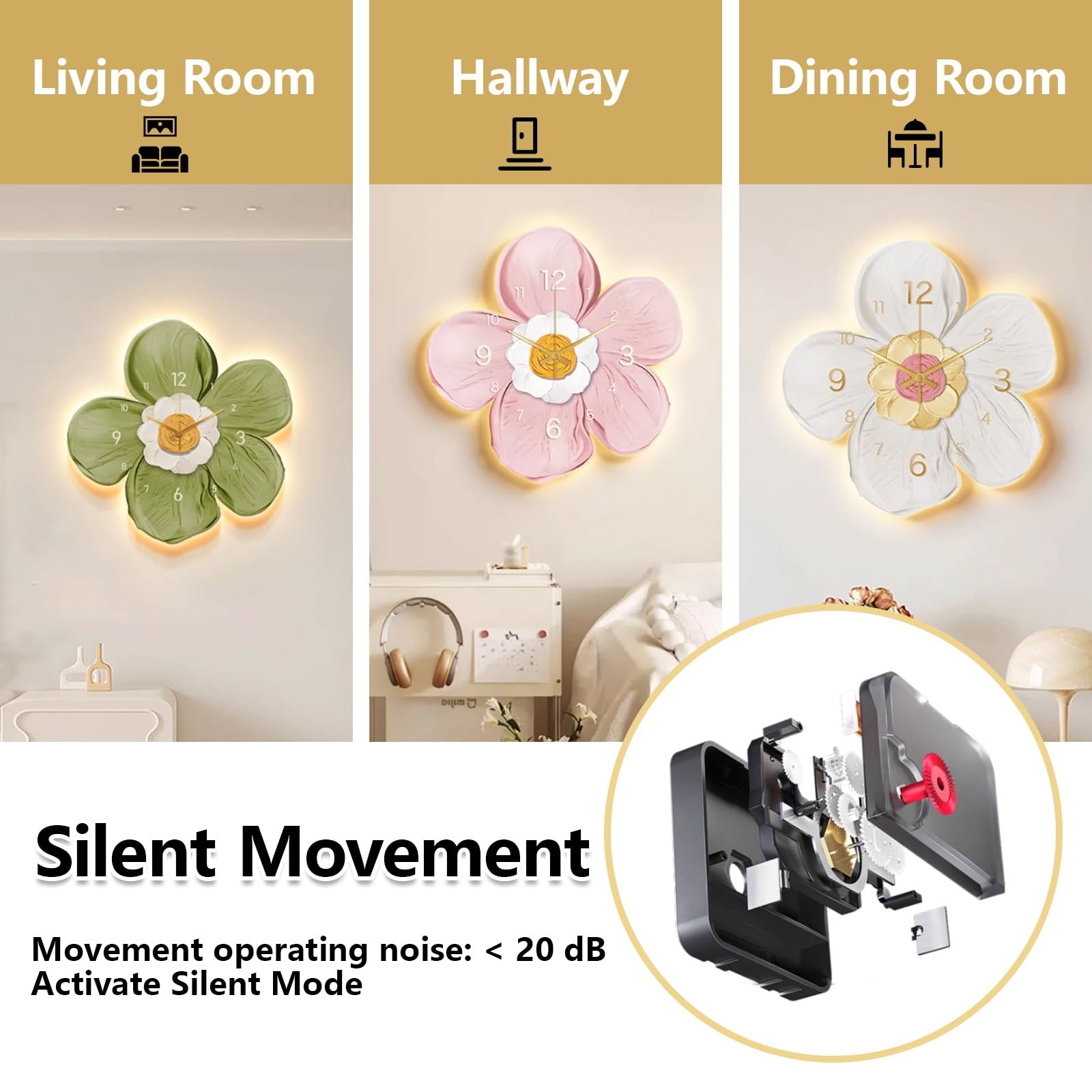 Orologio da parete floreale 3D con luce LED, design moderno floreale, movimento silenzioso senza ticchettio, decorazione luminosa per soggiorno o camera da letto, 45 cm