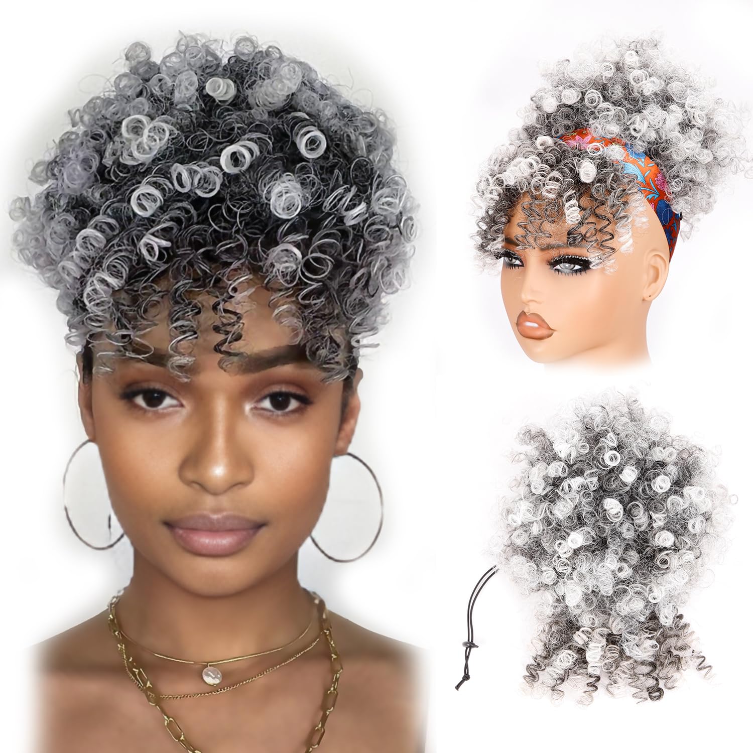 builson Drawstring Ponytail for Black Women, Afro Puff Kinky Curly Hair Ponytail Extension with Bangs Grey Updo Natural Hair Ponytail (GREY)