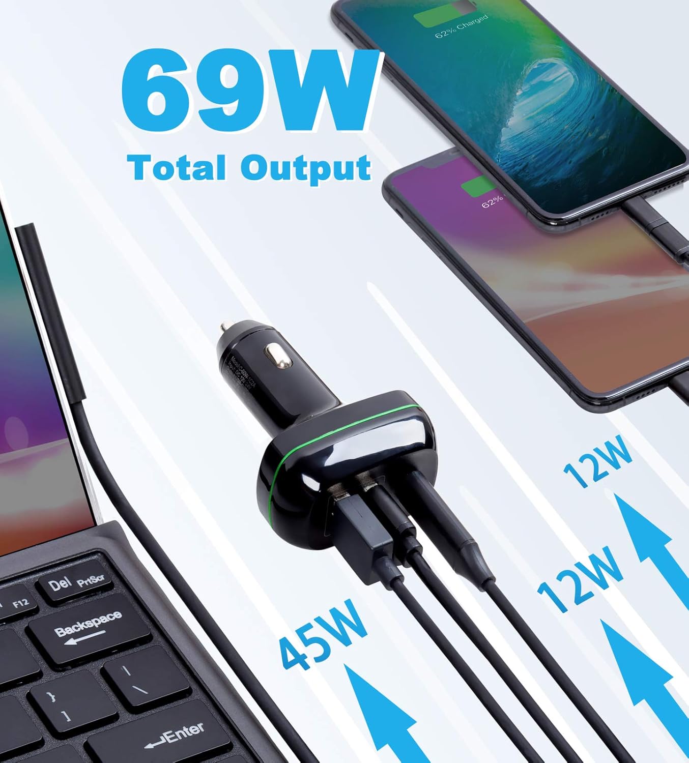 Surface Pro Surface Laptop Car Charger, USB C Car Charger Compatible with Surface Pro 7/6/5/4/3, Surface Laptop Go2/1, Surface Book/Go 3/2/1, Dual USB Port for iPad, Phone, Switch