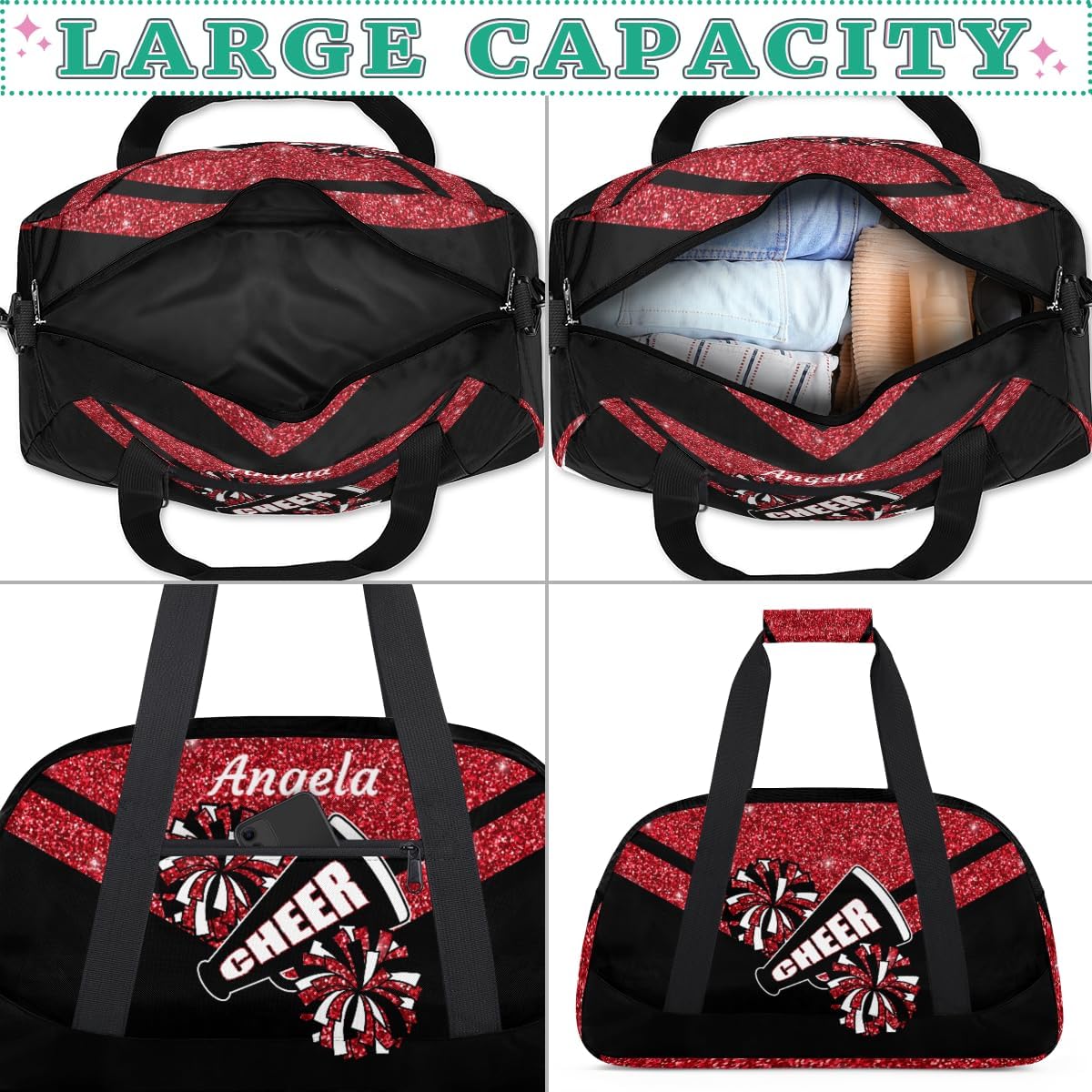 Personalized Cheer Bag Kids Duffel Bag for Girls Red Cheer Theme Small Cheerleader Sport Gym Bag Custom Overnight Weekender Bag Carry on Dance Bag for Traveling Gymnastic