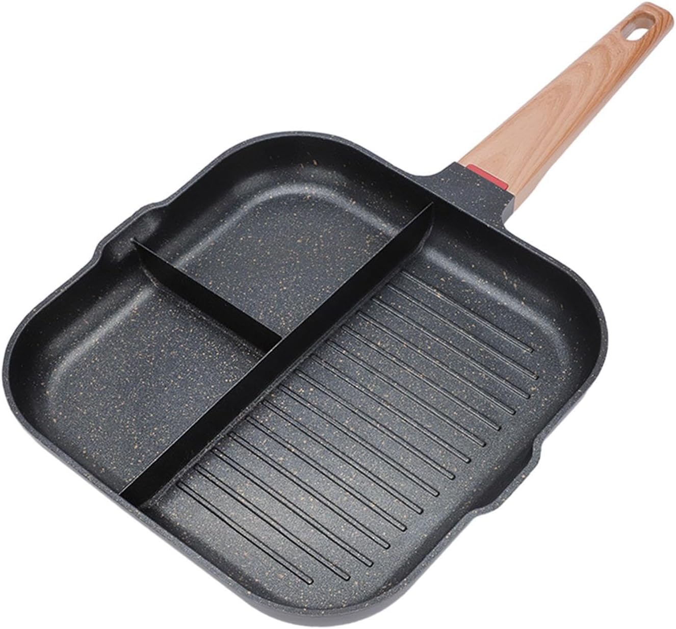 Generic Segmented Frying Pan for Eggs And Burgers, Kitchen Cooking Tool with Wooden Handle, Black