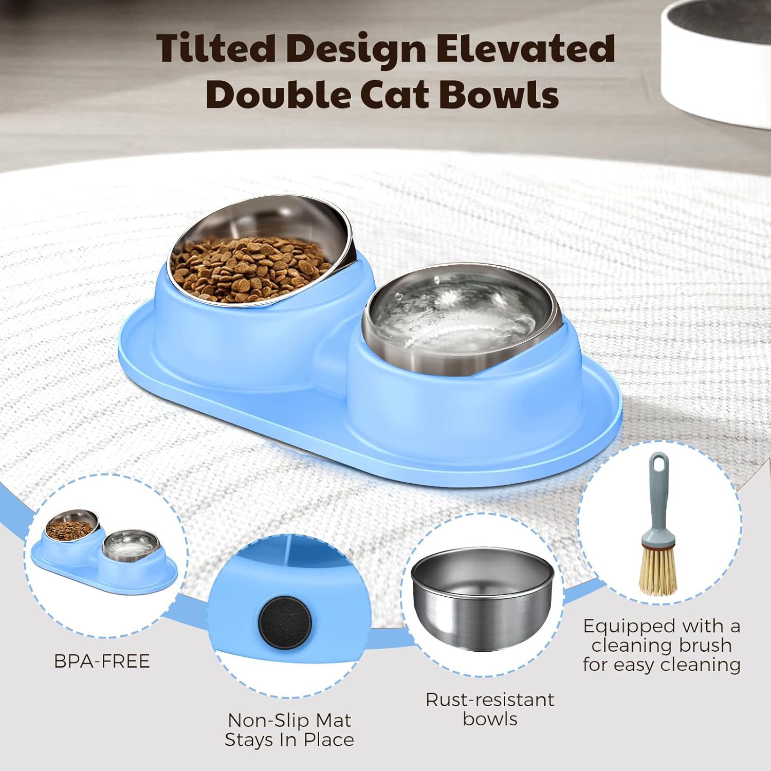 Cat Bowls 2 Stainless Steel Bowl for Pet Dog Water and Food Feeder with Non Spill Skid Resistant Silicone Mat,Tilted Bowls Elevated Anti Vomiting, Non-Slip Base, Ant Proof Food & Water.Blue