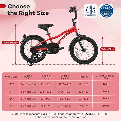 Miniatura 8 de COSTWAY Bicicleta para niños de 12/14/16/18 pulgadas, bicicleta para niños pequeños con ruedas de entrenamiento, asiento y manubrio ajustables, Rojo