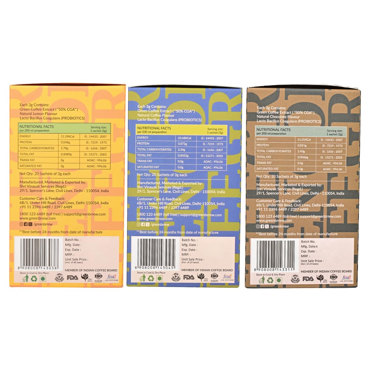 Greenbrrew Instant Green Coffee Combo (Lemon, Cappuccino, Chocolate) Decaf & Unroasted Coffee With Probiotics for Healthy Gut | 20 Sachets Each 4