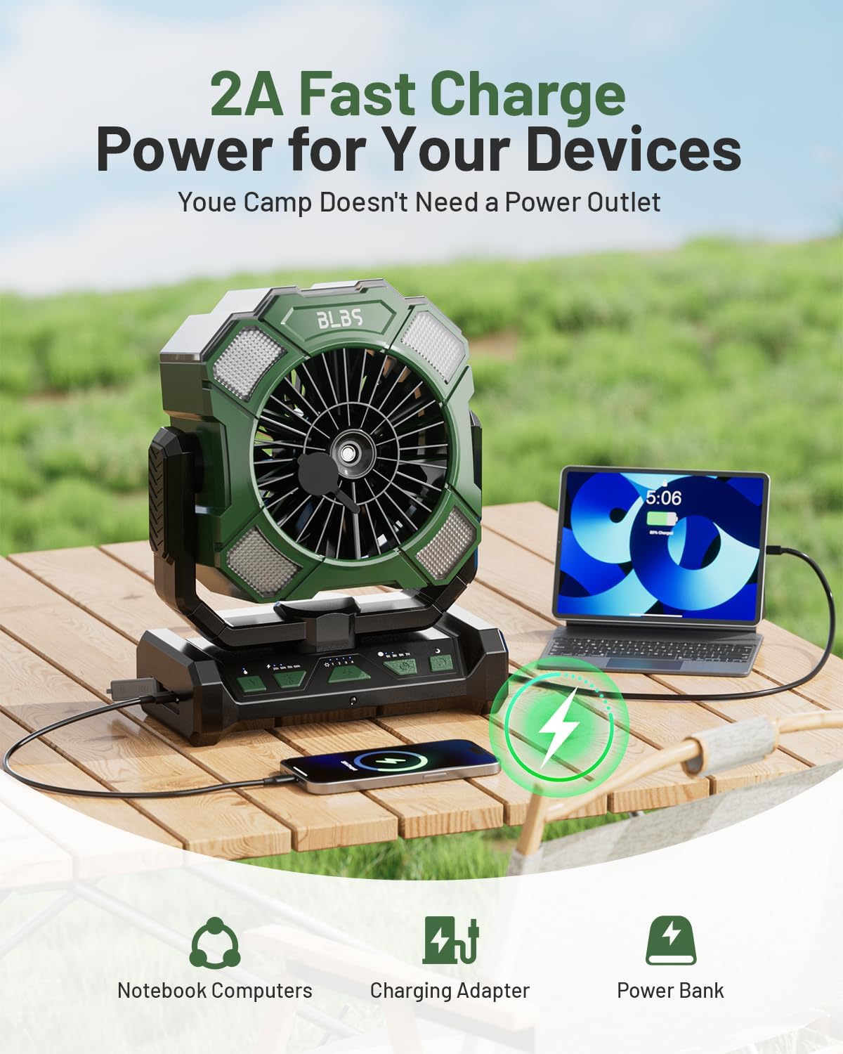 BLBS Camping Misting Fan, 24000mAh Rechargeable Battery Powered, 80H Runtime, 300ml Water Tank, LED Light & Hook, Portable Outdoor Fan for Camping Travel,Travel-green