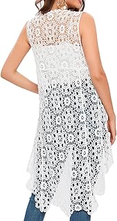 Women's Casual Long Crochet Vest Loose Fit Boho Lace Cover up High Low Sleeveless Cardigan - Buy now