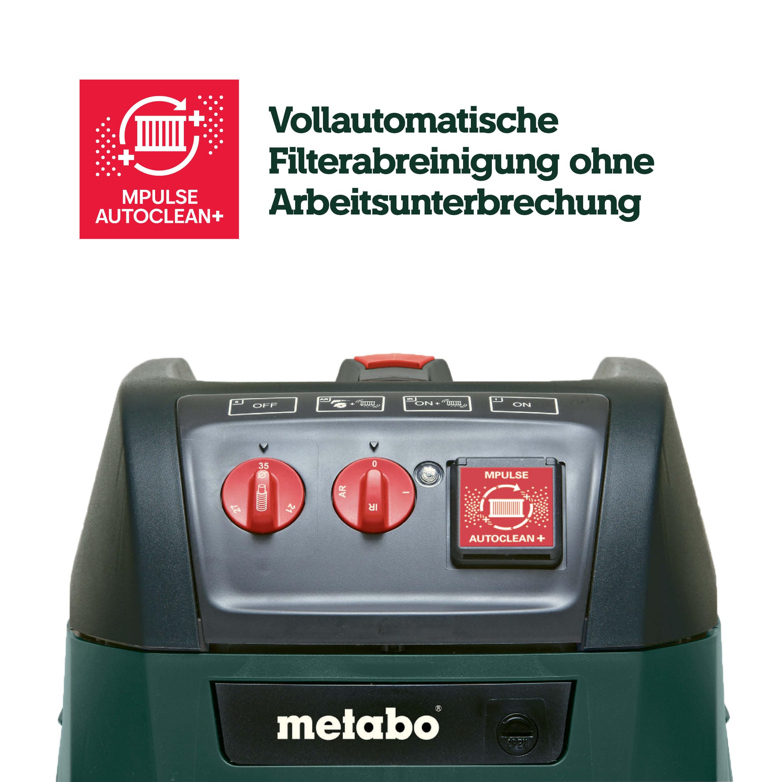 metabo Allessauger ASR 35 H ACP, 1400 W Nass- und Trockensauger, 35 l | Staubklasse H Industriesauger, AutoCleanPlus, 4380 l/min, inkl. HEPA-Filter, Schlauch, Düsen und PE-Entsorgungsbeutel