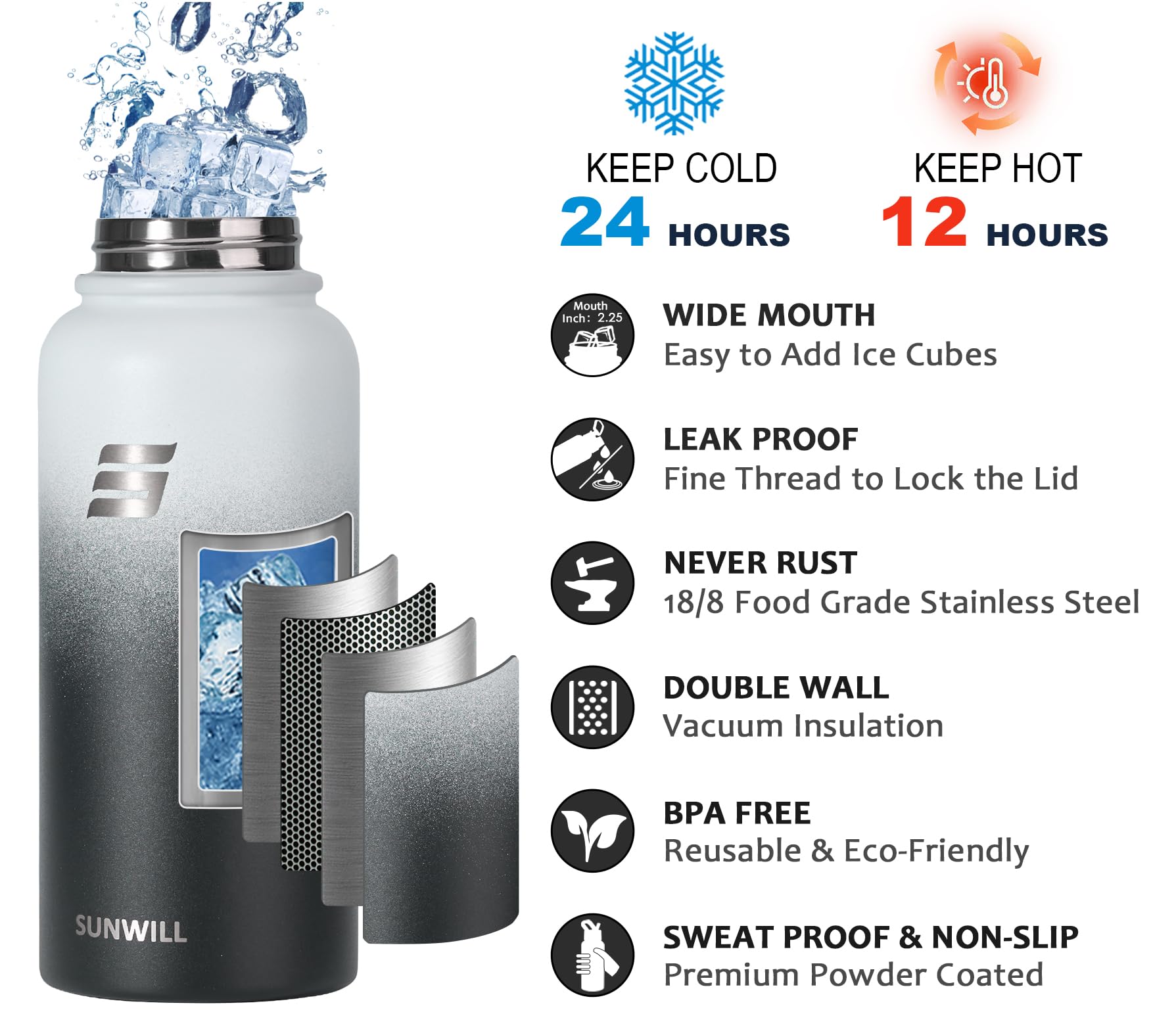 SUNWILL Metal Water Bottle 1l Stainless Steel - Image 3