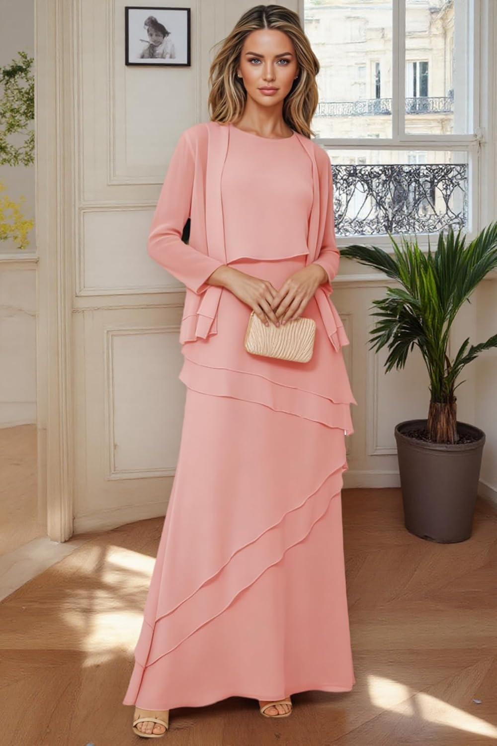 2 Piece Mother of The Bride Dresses for Wedding Chiffon Tiered Formal Dress with Long Sleeve Jacket