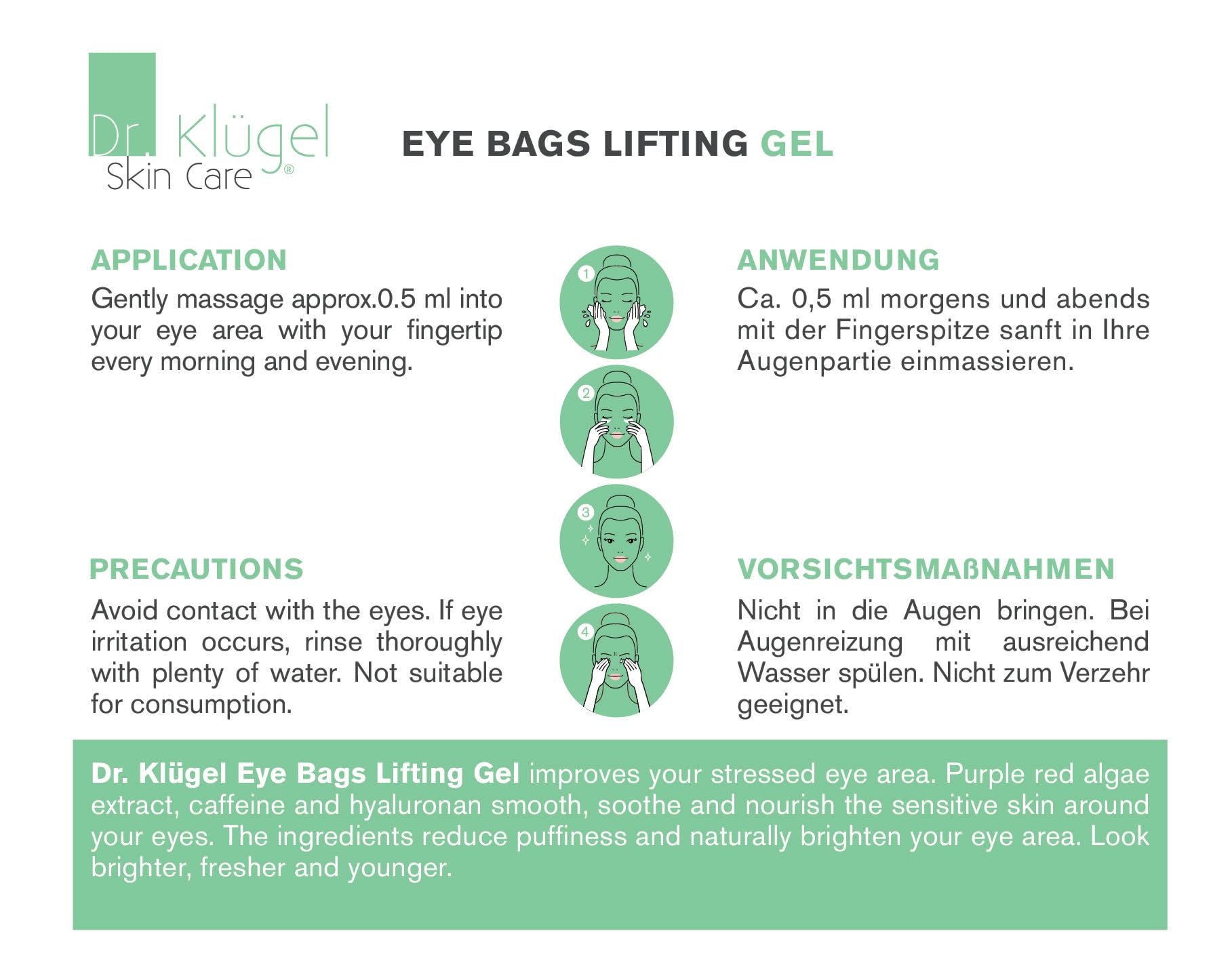Dr. Klügel Eye Bags Lifting Gel, 30ml enthält Rotalgen, Koffein und Hyaluron, belebend und ausgleichend, reduziert Schwellungen und Dunkelheit, reichhaltiges Augengel zur Hautstraffung & Tränensäcke | Enthält Rotalgen, Koffein und Hyaluron, Belebend und a