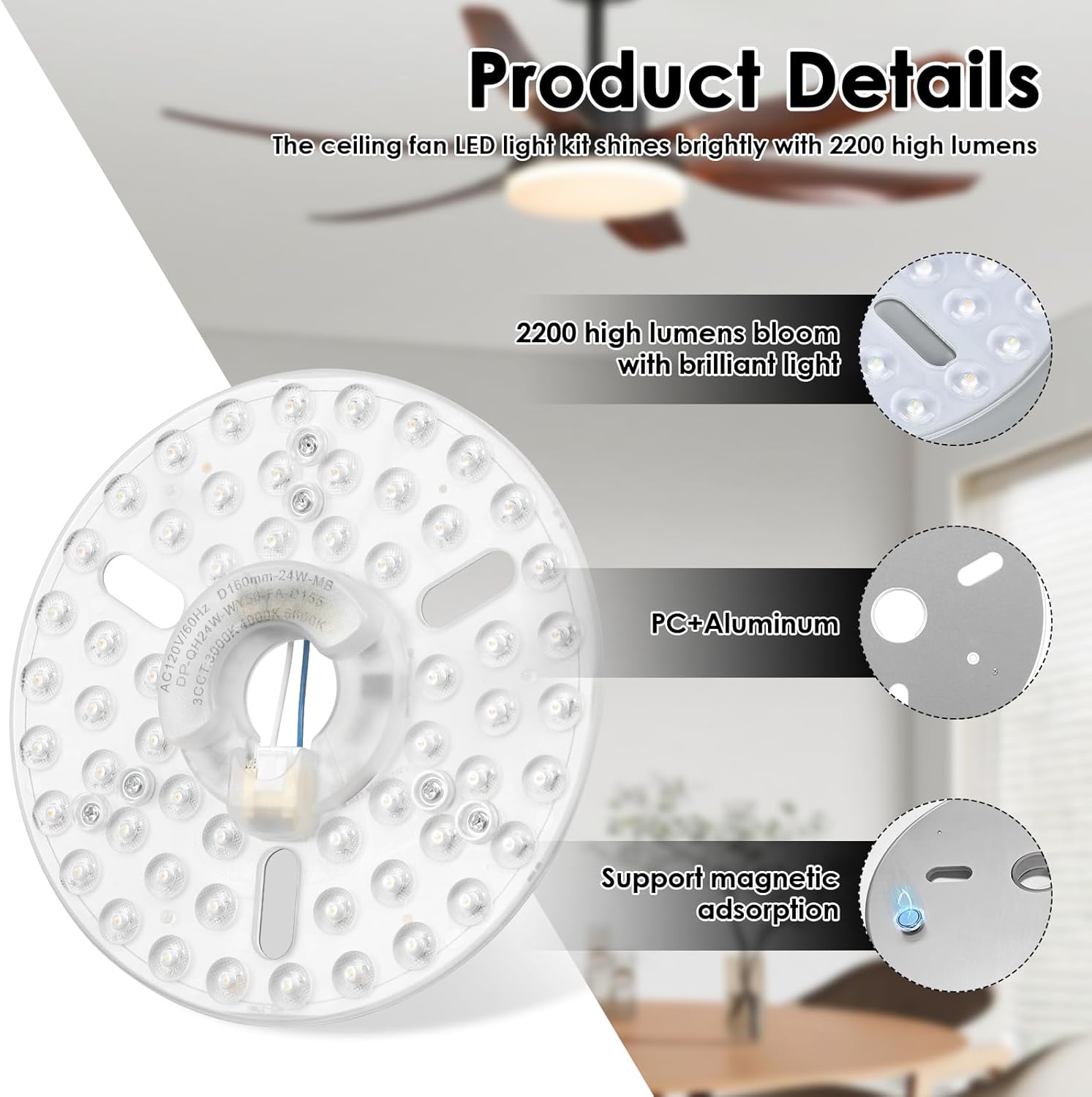 2026 6.3" Ceiling Fan LED Light Replacement Kit, 2200LM, Energy Efficient, 110V 24W 3CCT, Easy Install for Ceiling Fan Light