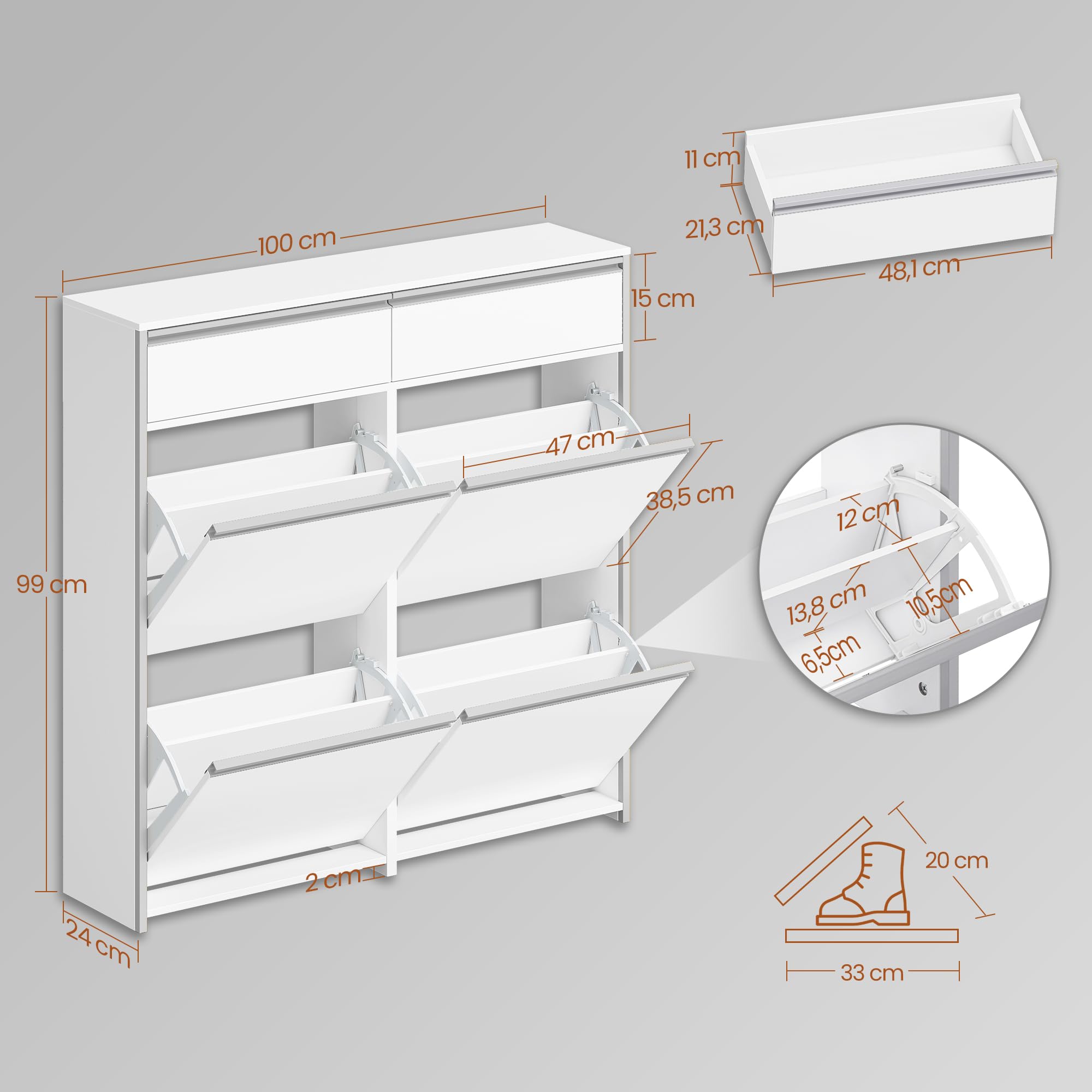 HEXCELEN Meuble à Chaussures avec 4 Battants, 16 à 24 Paire, Blanc-Argent | Étroit Étagère à Chaussures avec Tiroir, Meuble à Chaussure, Séparateur Réglables, pour Couloir, Entrée, 100 x 24 x 99 cm