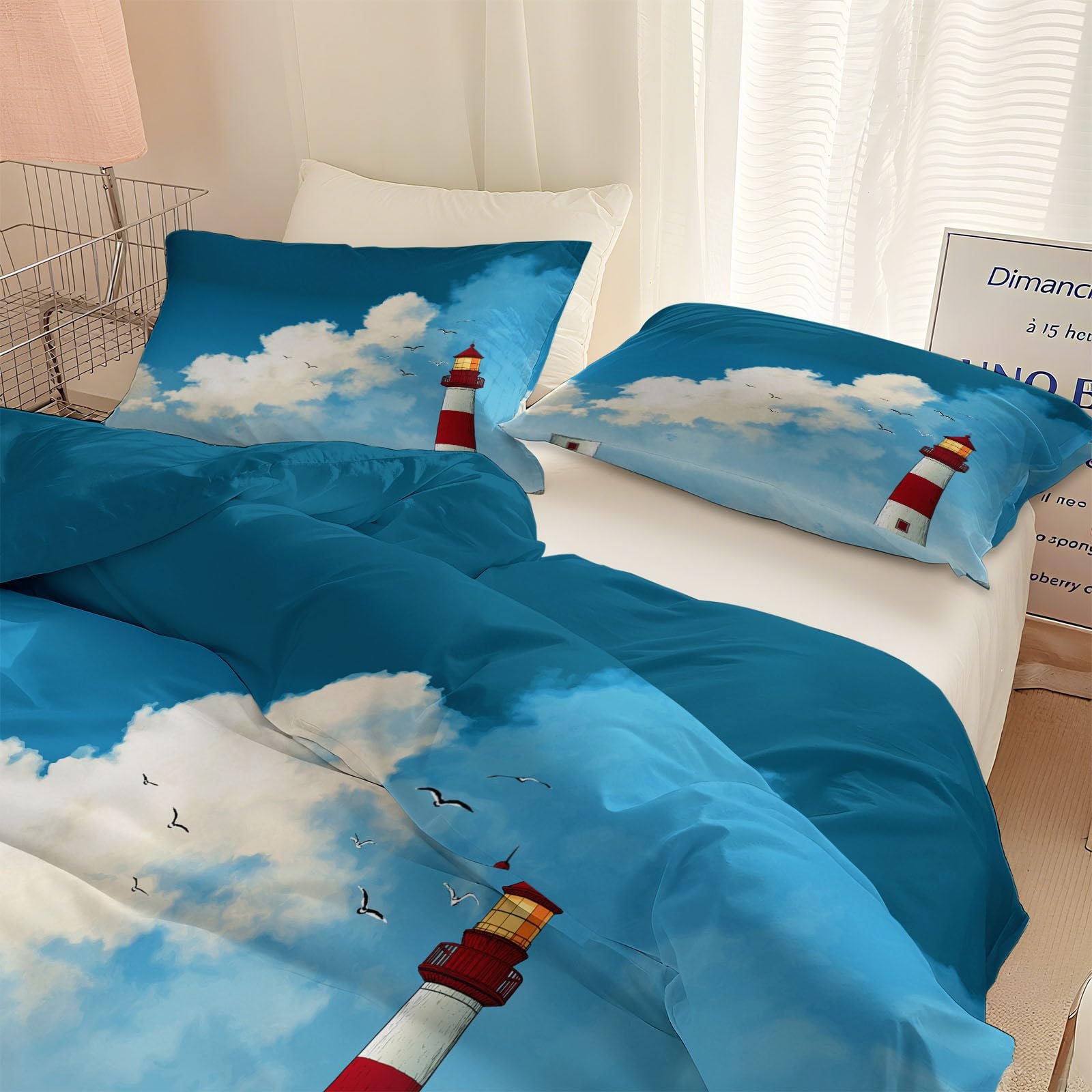 Azul Funda Nordica 240x260 cm Dibujos Animados Faro Mar Microfibra Cepillada con 2 Fundas de Almohada de 50x75 cm, Transpirable Suave Antialérgica Juego de Funda Edredón para Cama Doble