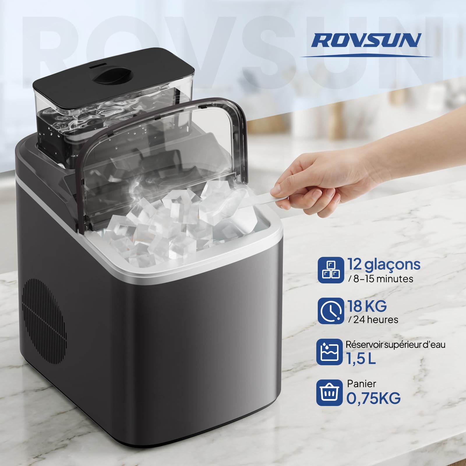 ROVSUN Machine à Glaçons, 18kg/24h, 12 Glaçons en 8 Minutes, Machine a Glacons Auto-Nettoyante, Affichage LED, Indicateurs eau/glace pleine, Pour Maison, Soirée, Barbecue, Restaurant