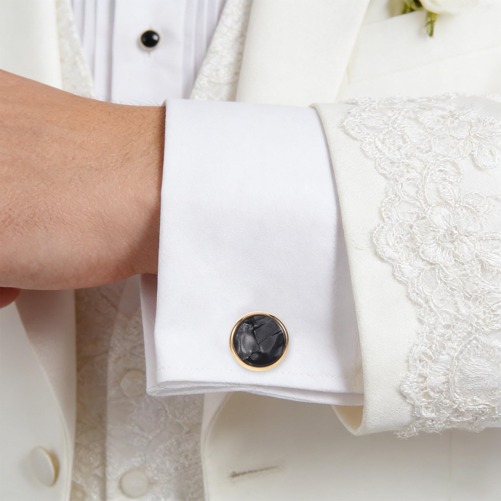 1 set di gemelli da uomo e bottoni da smoking: 1 paio di gemelli con 6 bottoni abbinati, accessori da smoking con intarsio in conchiglia per matrimoni o eventi, eleganti