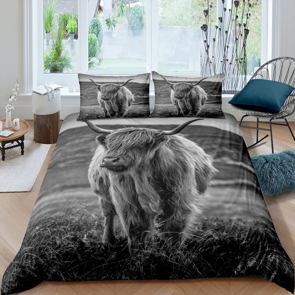 Juego de ropa de cama de vaca de campo alto, funda nórdica de 200x200 cm, para niños, jóvenes, adultos, hombre, cuerno largo, bull vacuno, tröster, cobertor rústico, decoración, 3 piezas