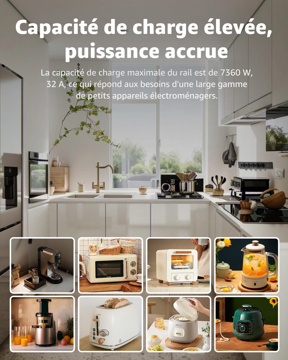 GONEO Rail de Prises modulable Mural 75 cm, multiprise électrique avec 5 adaptateurs et interrupteurs, 16A 3680W, 2P+T, Extensible jusqu'à 8 Prises, idéal pour Cuisine, Salon, Lieu de Travail