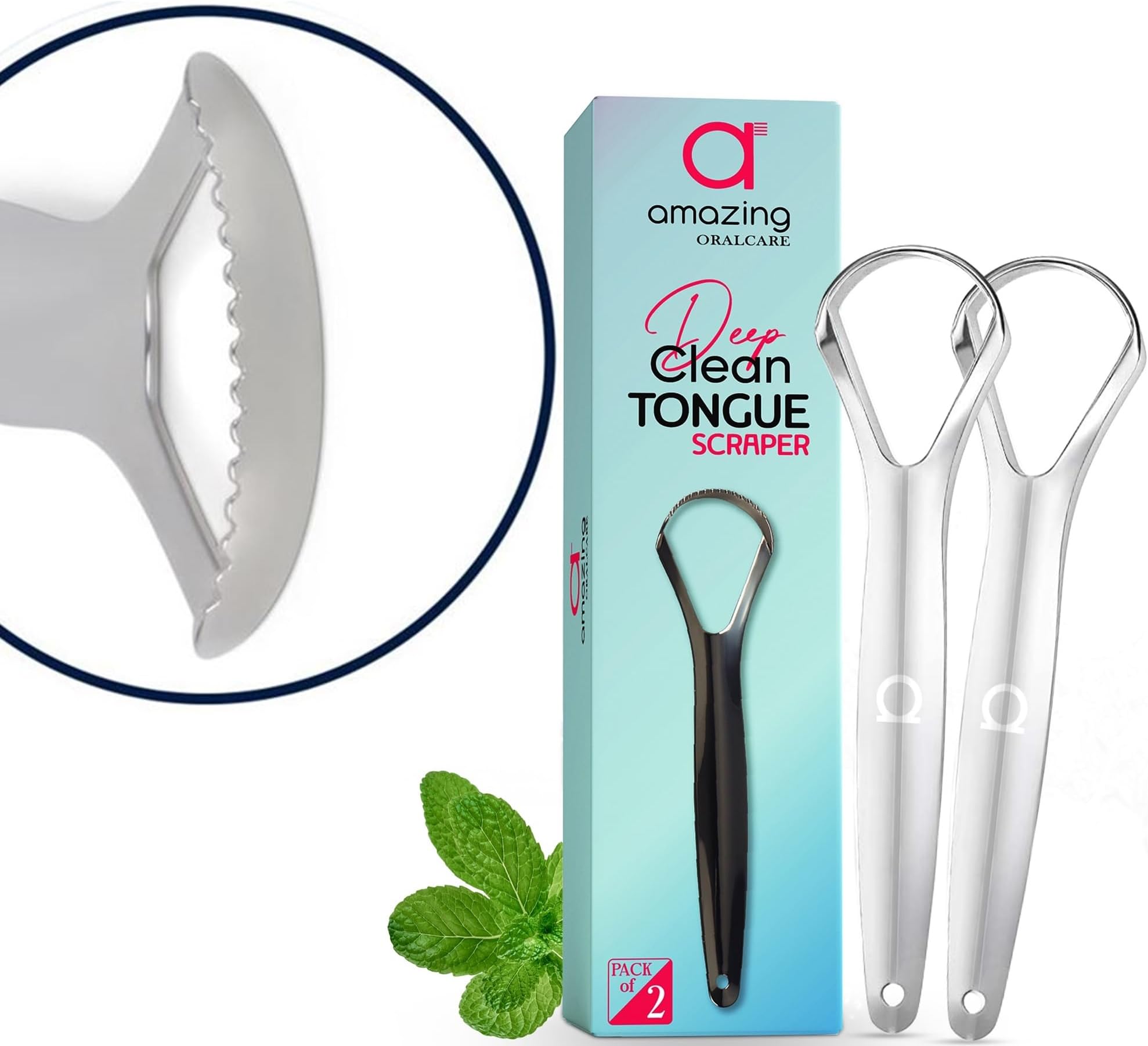 Deep Clean Tongue Scraper- Double-Ended - Flat + Serrated Edge Design, (2pk) Stainless Steel, by Amazing Oralcare