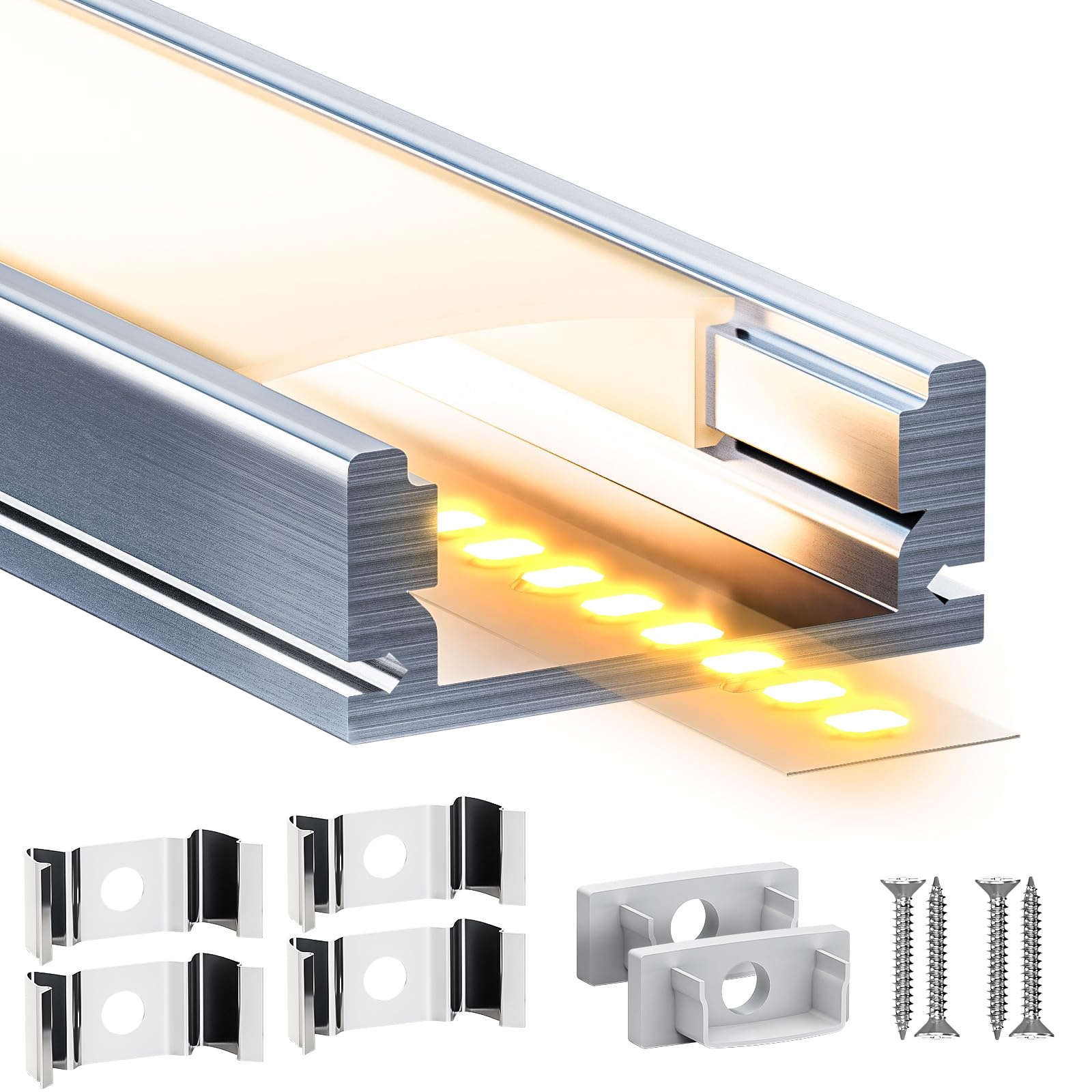 Profilé en Aluminium LED 5 x 2m (10m) pour Bandes LED jusqu'à 12mm avec Diffuseur Blanc Lait, Embouts et Clips de Montage en Métal
