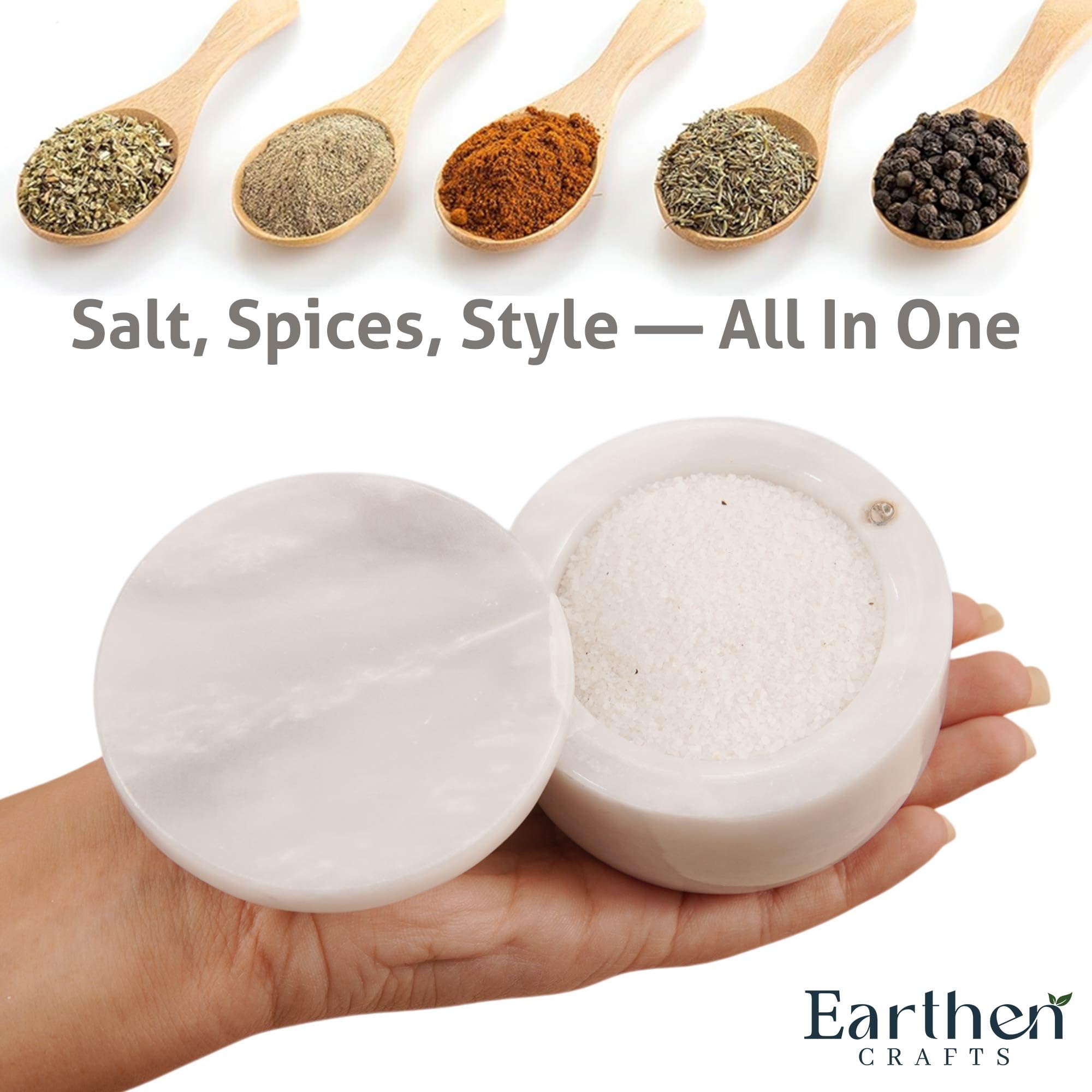Saliera in marmo bianco da 7,6 cm, con coperchio, contenitore per sale con chiusura magnetica per bancone della cucina, contenitore per sale e spezie, barattoli per condimenti da tavola