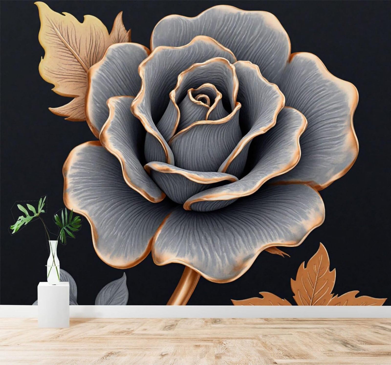 XLMING Metallic Grey Rose Gold Edging Gold Leaves 3D Wallpaper Silky Texture Home Study Office Grey Dining Room Sofa Bedroom Living Room TV Backdrop-400cm×280cm