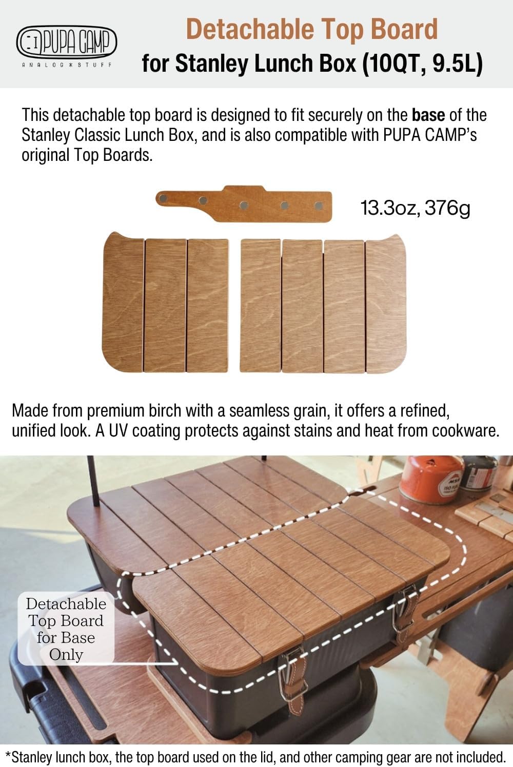 Detachable Top Board Compatible with Stanley Lunch Box for 10qt(9.5L) WoodenTable