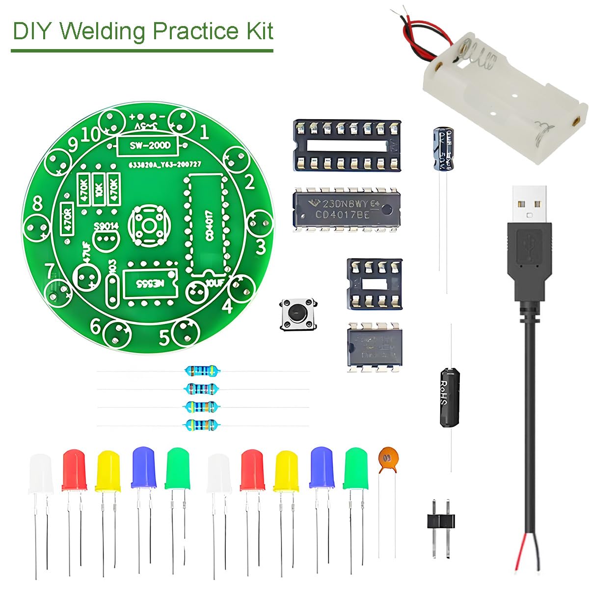 Kit de práctica de soldadura DIY de 2 piezas, rueda de la suerte LED con luz, placa de montaje de soldadura electrónica, botón, control por interruptor de vibración, giro aleatorio y parada