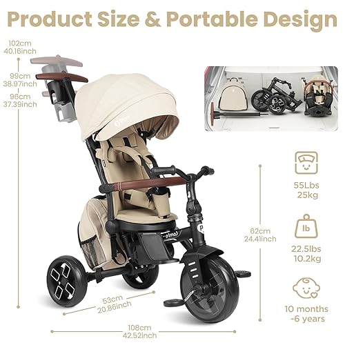 Miniatura 8 de QPlay Cochecito de bicicleta para bebés de 10 meses a 6 años de edad, cochecito plegable 8 en 1 para niños pequeños de 3 a 5 años, triciclo de