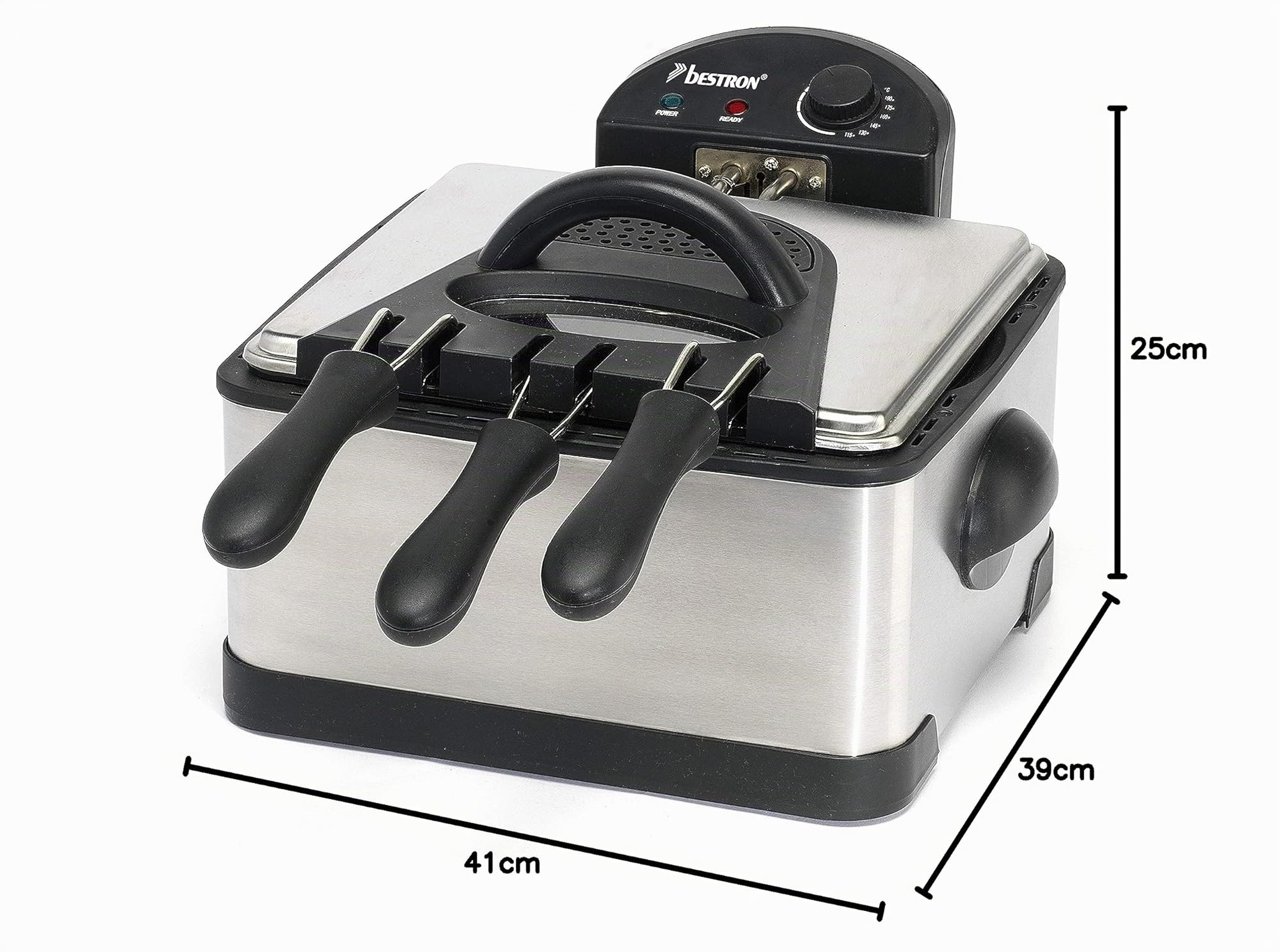 Bestron Freidora Familiar, 3 Cestas, 4 Litros, Para 1,5 kg/2x750 g, Ventana de visualización, 2000 W, Acero inoxidable
