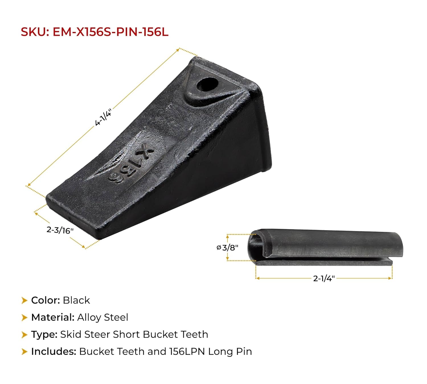 2 Pack Viking’s Skid Steer Short Bucket Tooth w/ 156LPN Flexpins Compatible with Hensley Style 156 Series and Adapters for Mini Excavators, Loaders, Backhoes