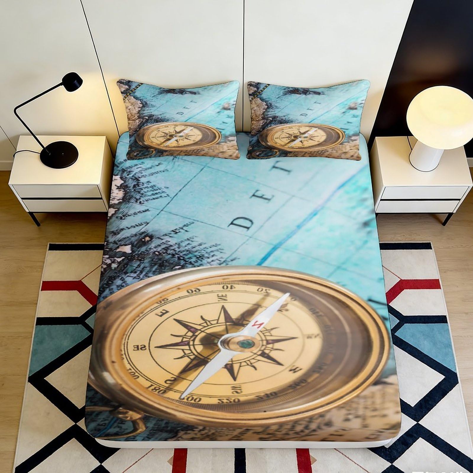 Jqzkxnhpbr Style-1 3D Printed Compass Map Fitted Sheet Microfiber Soft Blue Nautical Bed Cover For Bedroom Guest Room Mattress Decor 90X200x25cm