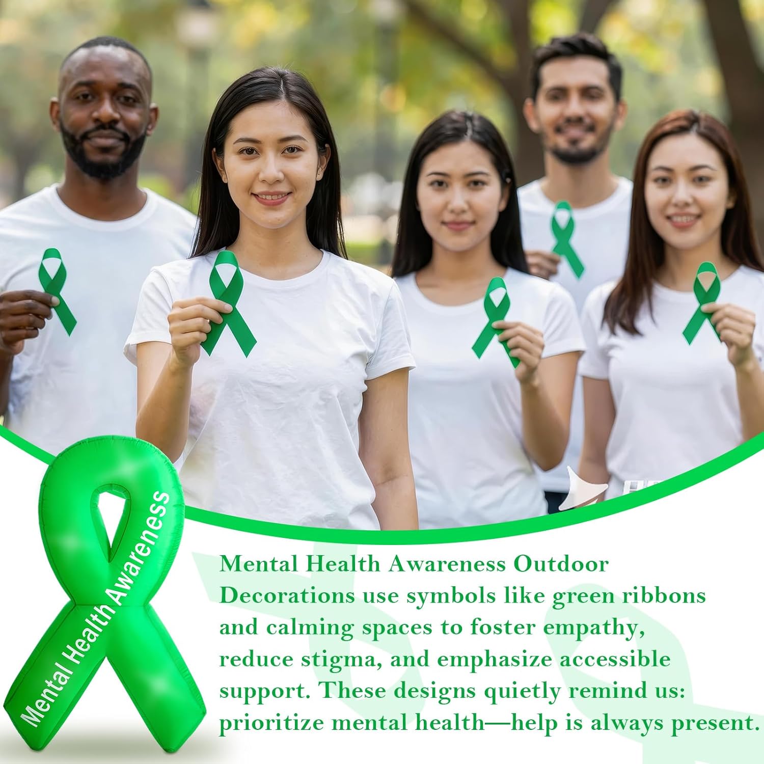 Soaoo 6ft Mental Health Awareness Inflatable Outdoor Decoration Giant Blow up Mental Health Month Decorations Motivational Green Ribbon Built-in LED Lights Blower Yard Sign for Yard Lawn Party Supply