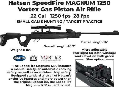 Miniatura 10 de Hatsan SpeedFire (Magnum 1250) - Rifle de aire, color negro con paquete de objetivos de papel Wearable4U y pellets incluidos